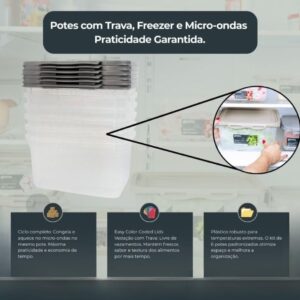 Kit 6 Potes Plásticos 2,2L Alto Cinza com Tampa Trava Premium IZELOCK PRO Kit 6 Potes Plásticos 2,2L Alto Cinza com Tampa Trava Premium IZELOCK PRO