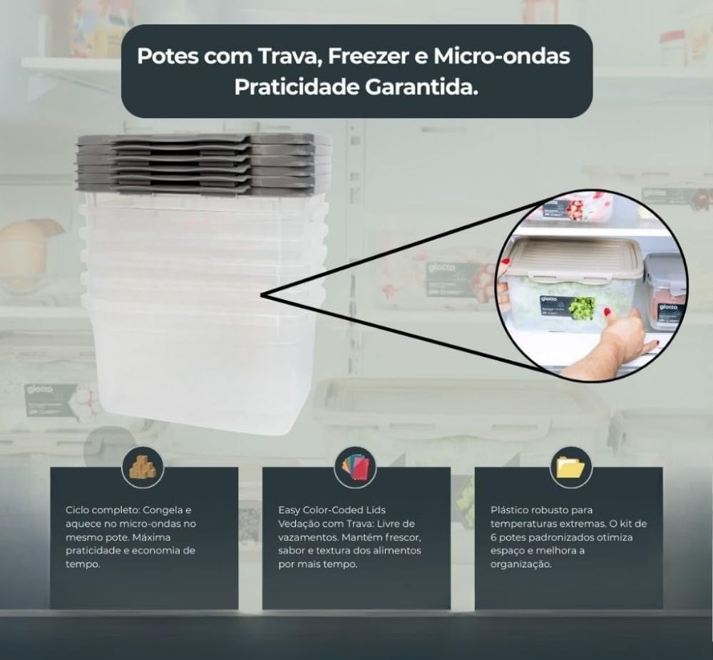 Kit 6 Potes Plásticos 2,2L Alto Cinza com Tampa Trava Premium IZELOCK PRO IZESHOP Kit com 6 potes plásticos cinza de 2,2 litros para armazenar alimentos no dia a dia