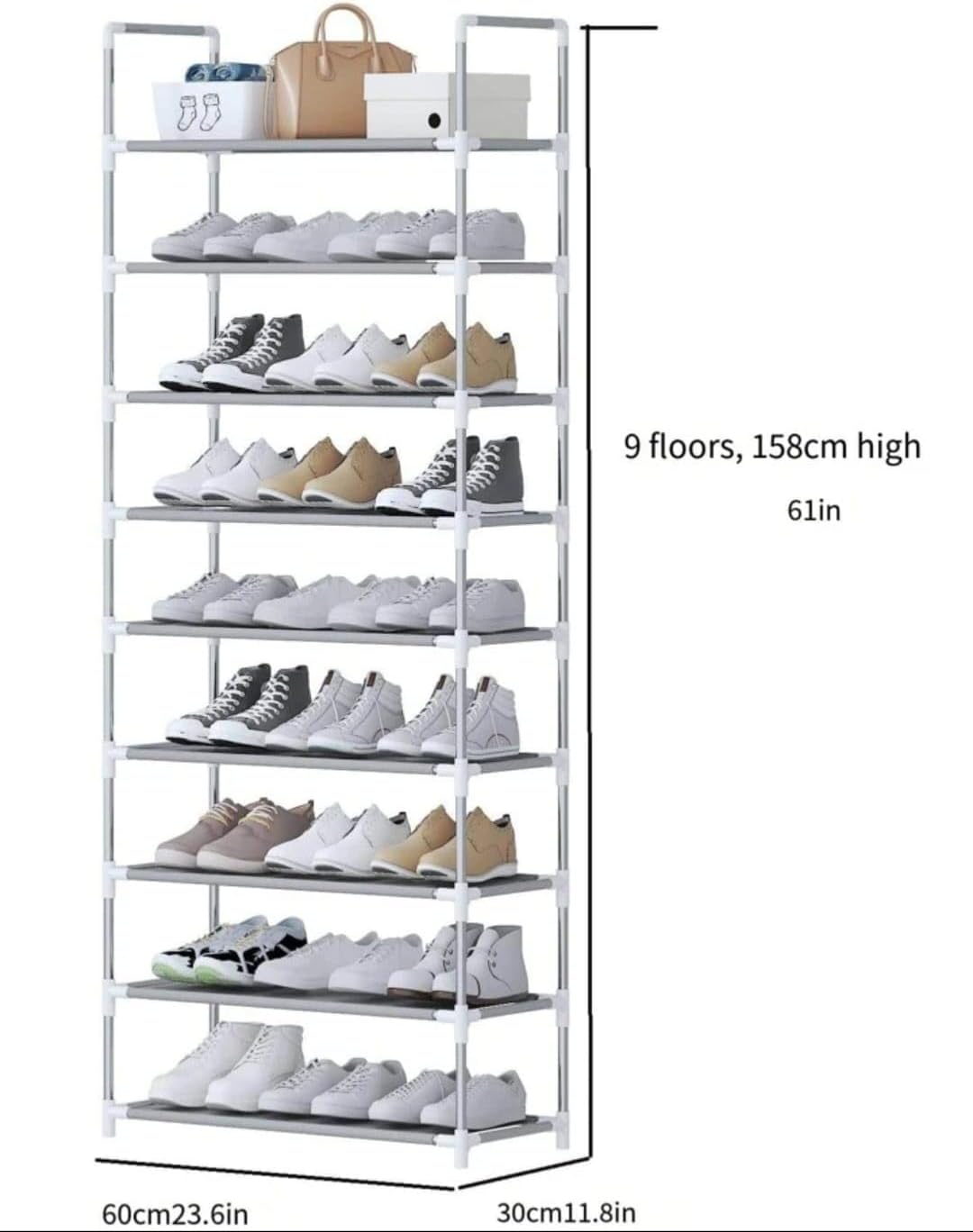 Sapateira Vertical Premium Aço Inox 9 Prateleiras 27 Pares Organizador Compacto IZESTYLE PRO IZESHOP Organizador vertical de sapatos com 9 prateleiras para otimizar espaço no quarto ou closet