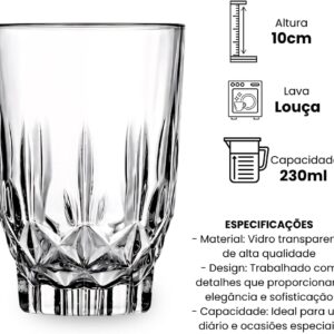 Jogo de Copos de Vidro 230ml 6 Peças Transparente Espesso Elegante Premium IZECRYSTAL PRO