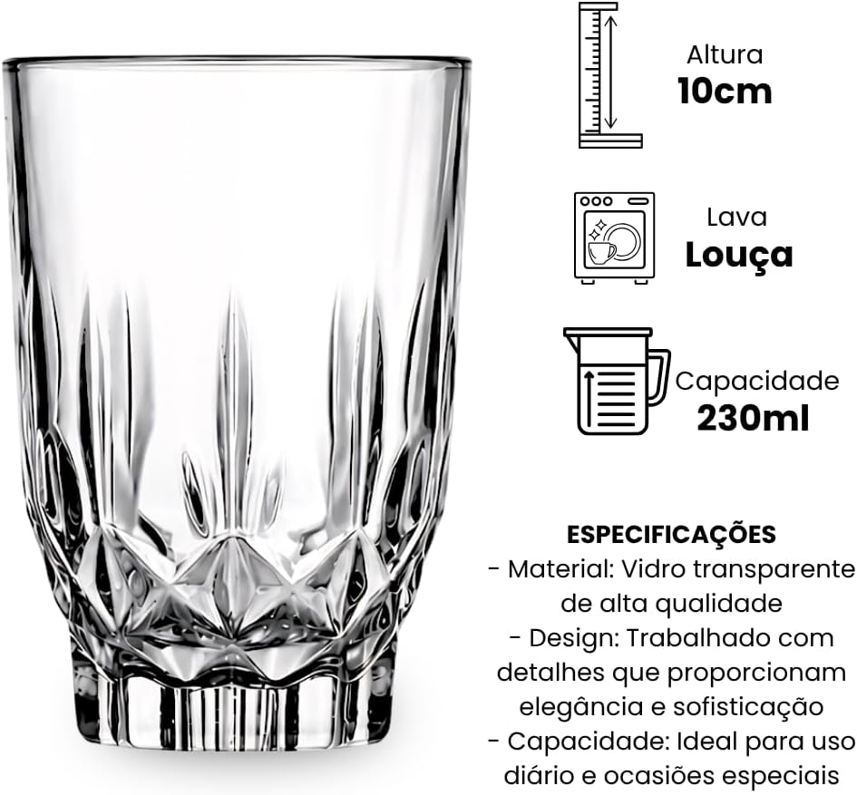Jogo de Copos de Vidro 230ml 6 Peças Transparente Espesso Elegante Premium IZECRYSTAL PRO