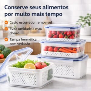 Kit 3 Potes Organizadores Geladeira Herméticos BPA Free Cesto Escorredor 850ml 1750ml 3300ml IZEFRESH PRO