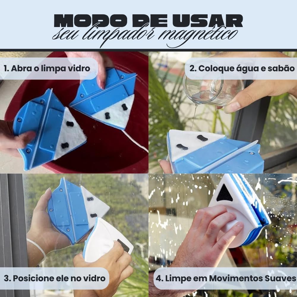 Limpador Magnético de Vidros Dupla Face Branco e Azul 11cm com Corda Premium IZEGLASS PRO IZESHOP Limpador magnético para janelas altas com corda de segurança IZEGLASS PRO