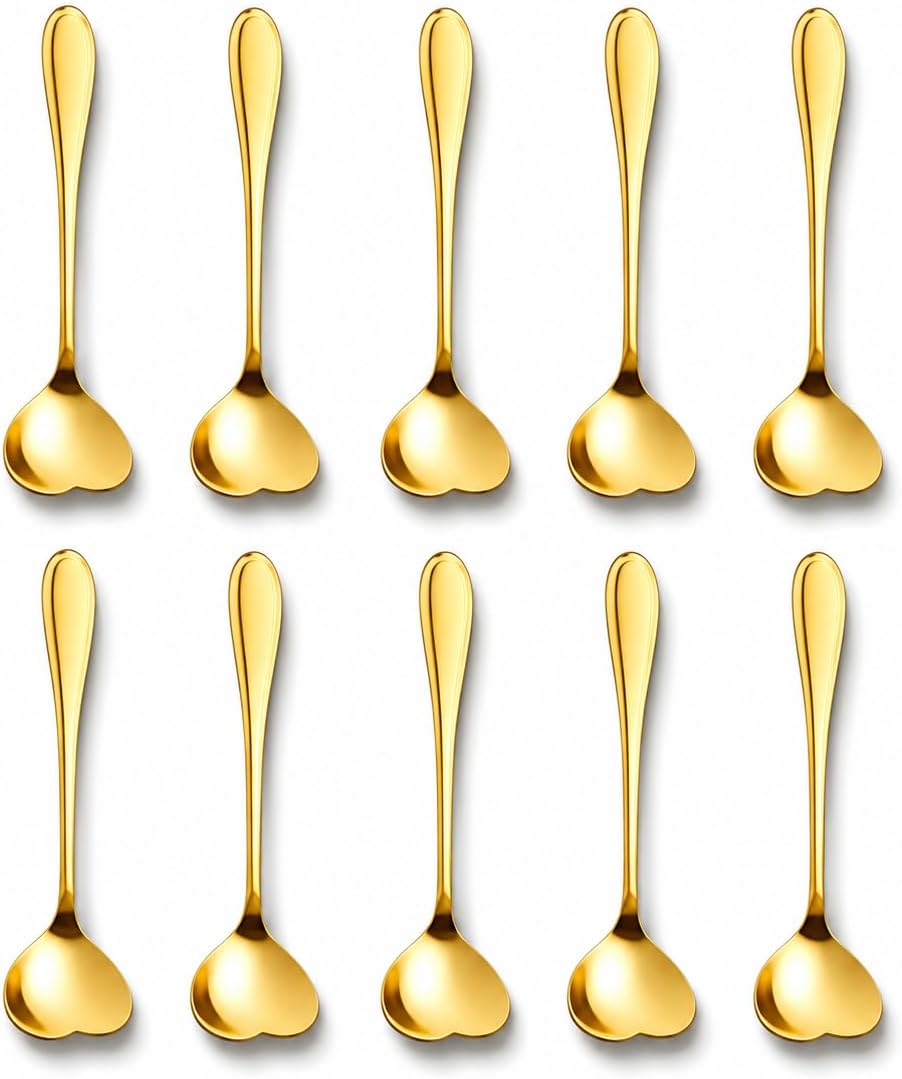 Kit 10 Colheres Douradas Coração Aço Inox 13cm Premium IZEGOLD HEART IZESHOP Colheres douradas com detalhe de coração para mesa posta elegante e decoração sofisticada
