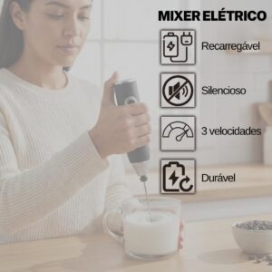 Mini Mixer Elétrico USB Recarregável 3 Velocidades Duplo Batedor Portátil Premium IZEFOAM PRO