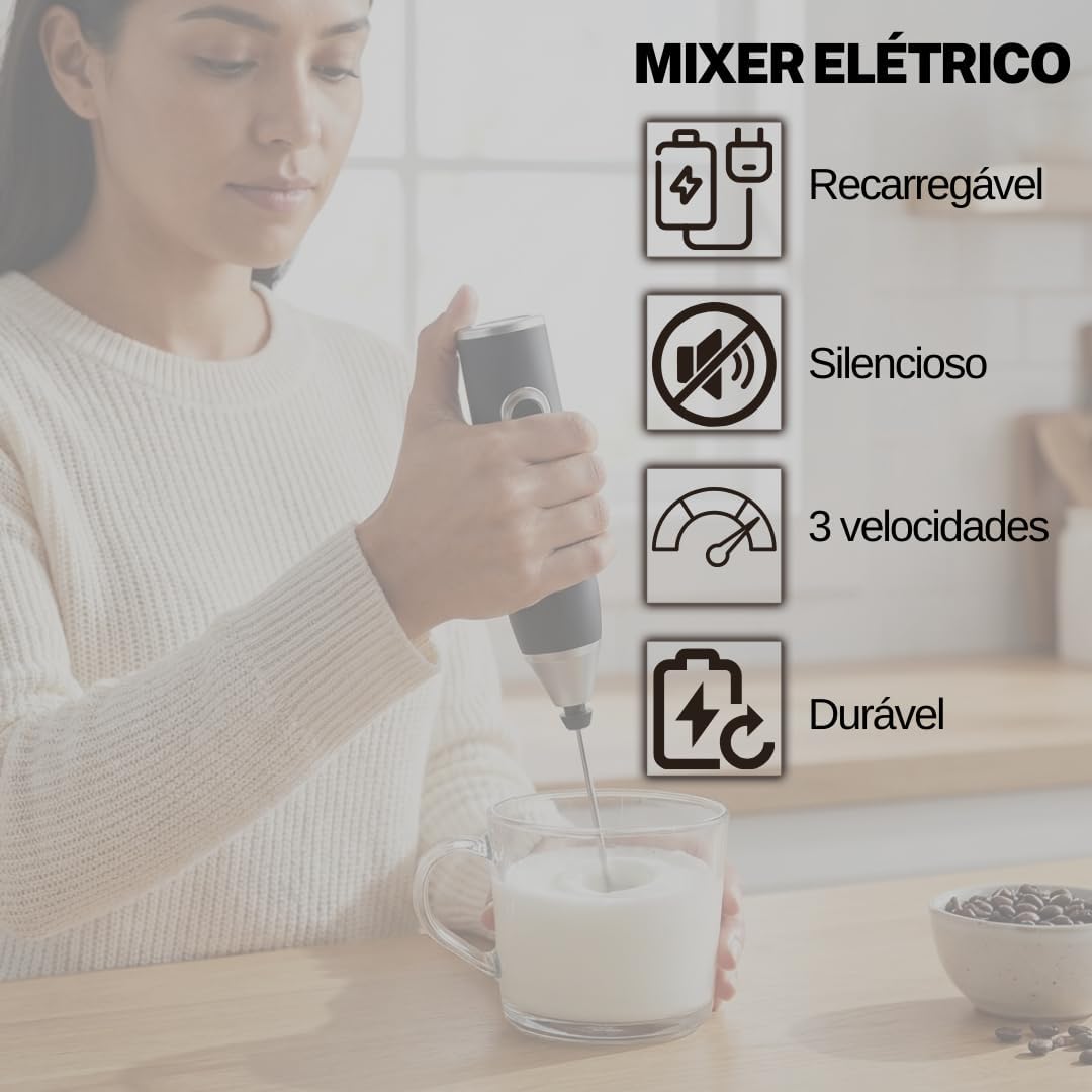 Mini Mixer Elétrico USB Recarregável 3 Velocidades Duplo Batedor Portátil Premium IZEFOAM PRO