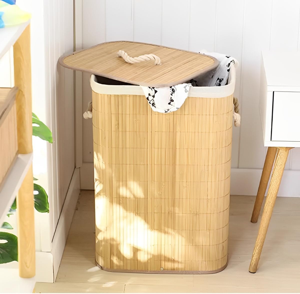 Cesto de Roupa Suja Bambu Dobrável 40x30x60cm Retangular Organizador Premium IZEHOME PRO IZESHOP Cesto premium de bambu para roupas sujas com visual decorativo e uso versátil