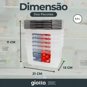 Kit 6 Potes Retangulares 2,2L Transparentes com Travas Cinza BPA Free Freezer Micro-ondas IZELOCK PRO