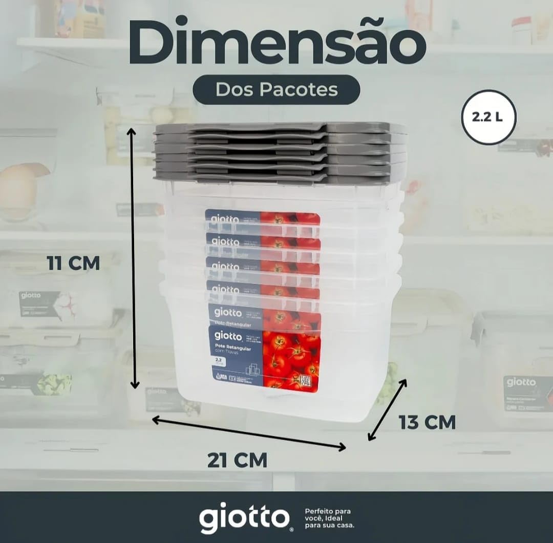 Kit 6 Potes Retangulares 2,2L Transparentes com Travas Cinza BPA Free Freezer Micro-ondas IZELOCK PRO