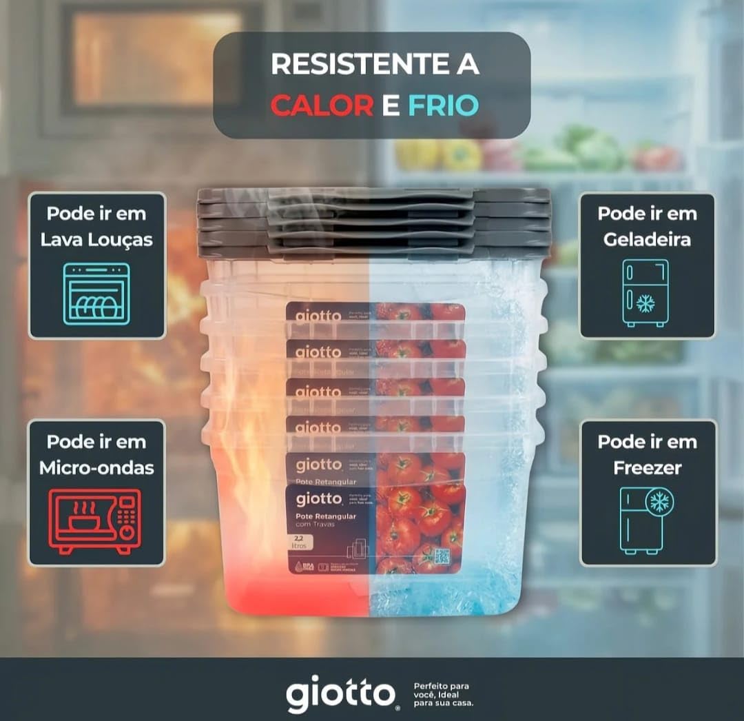 Kit 6 Potes Retangulares 2,2L Transparentes com Travas Cinza BPA Free Freezer Micro-ondas IZELOCK PRO