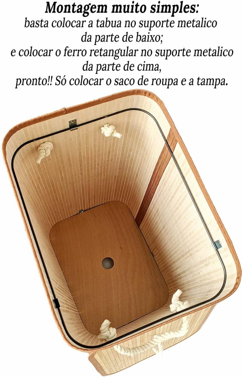 Cesto de Roupa Suja Bambu Dobrável 40x30x60cm Retangular Organizador Premium IZEHOME PRO IZESHOP Cesto retangular premium de bambu IZEHOME PRO com saco branco de algodão e design funcional