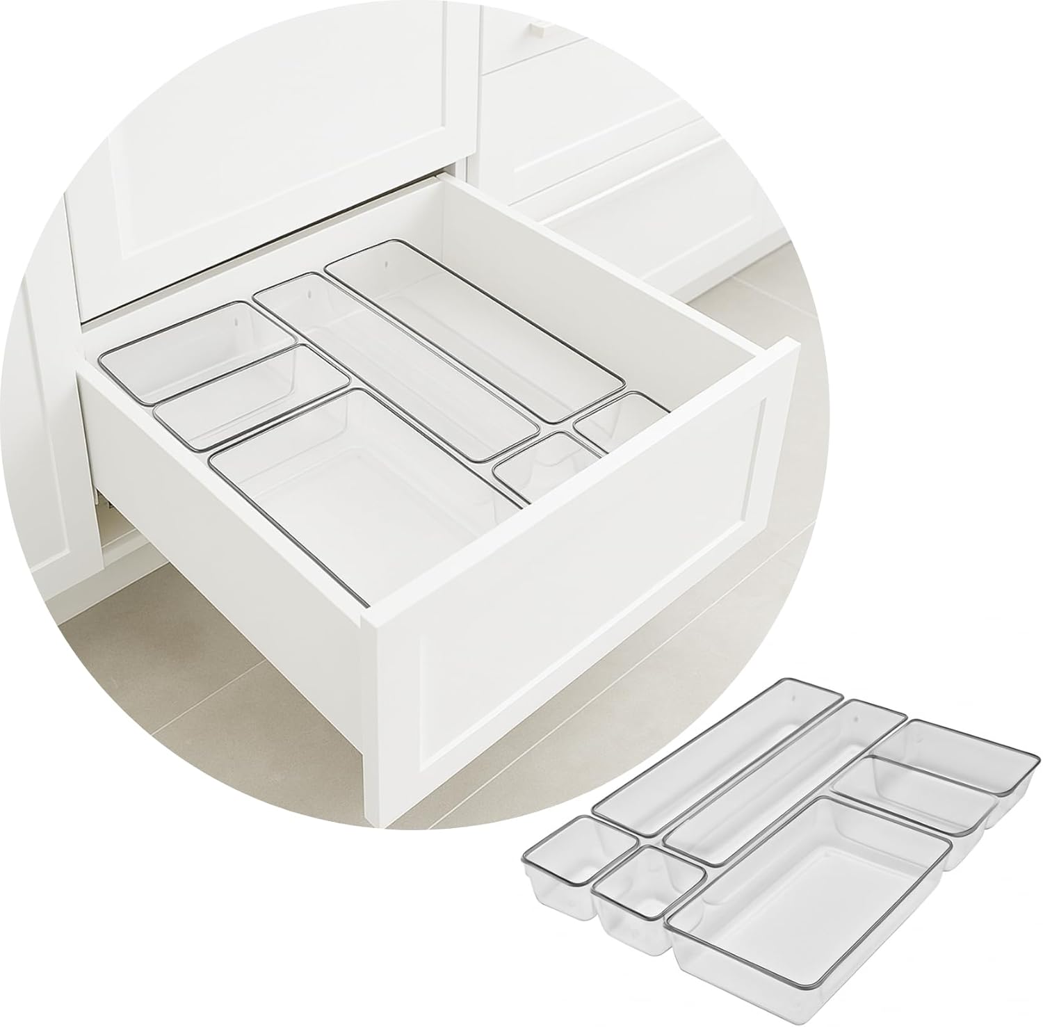Kit Organizador Modular Gavetas Acrílico Transparente 7 Peças Premium Multiuso IZEBOX PRO IZESHOP Kit Organizador Modular Gavetas Acrílico Transparente IZEBOX PRO com 7 peças para gavetas e armários