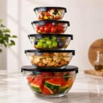 Kit 5 Bowls de Vidro Herméticos Transparentes Tampa Preta 140ml-930ml IZESAFE PRO