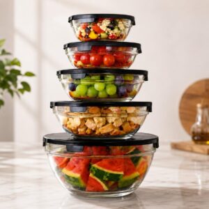 Kit 5 Bowls de Vidro Herméticos Transparentes Tampa Preta 140ml-930ml IZESAFE PRO