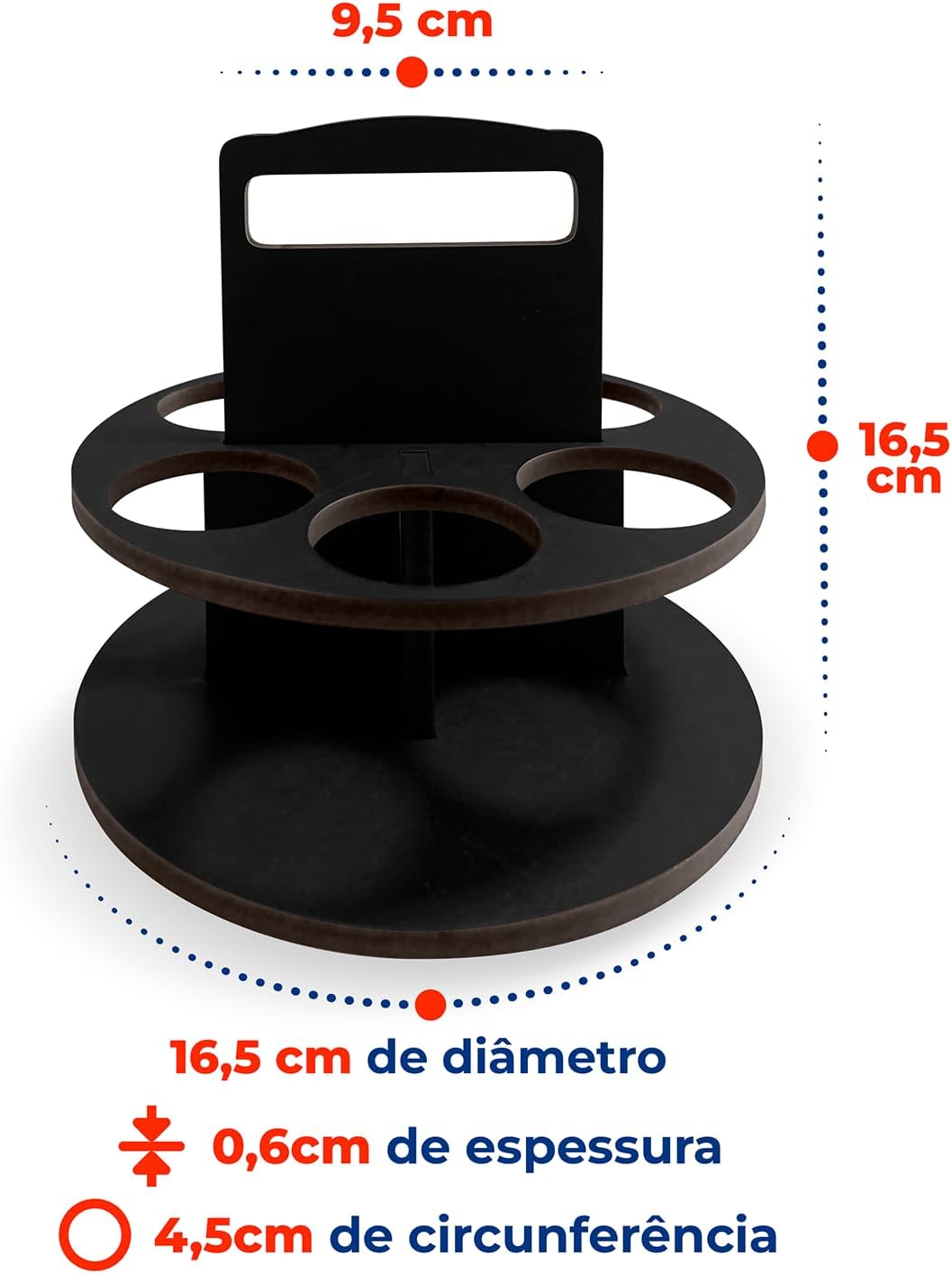 Kit Porta Tempero Redondo MDF 6mm 6 Potes 130ml Tampa Dosadora Dupla IZECHOP PRO IZESHOP Porta tempero redondo de MDF com potes plásticos e alça para facilitar o uso diário