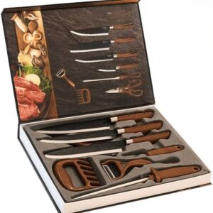 Conjunto Facas Churrasco Inox 8 Peças Profissional Cabo Marrom Afiadas KIT IZECHOP PRO