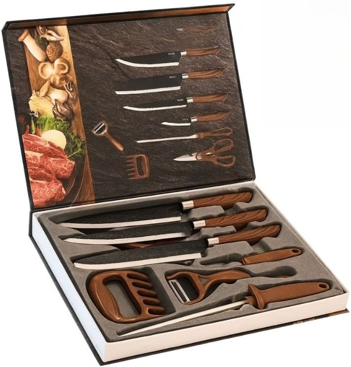 Conjunto Facas Churrasco Inox 8 Peças Profissional Cabo Marrom Afiadas KIT IZECHOP PRO