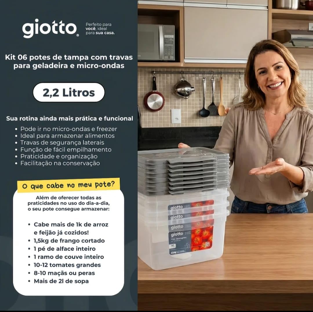 Kit 6 Potes Retangulares 2,2L Transparentes com Travas Cinza BPA Free Freezer Micro-ondas IZELOCK PRO