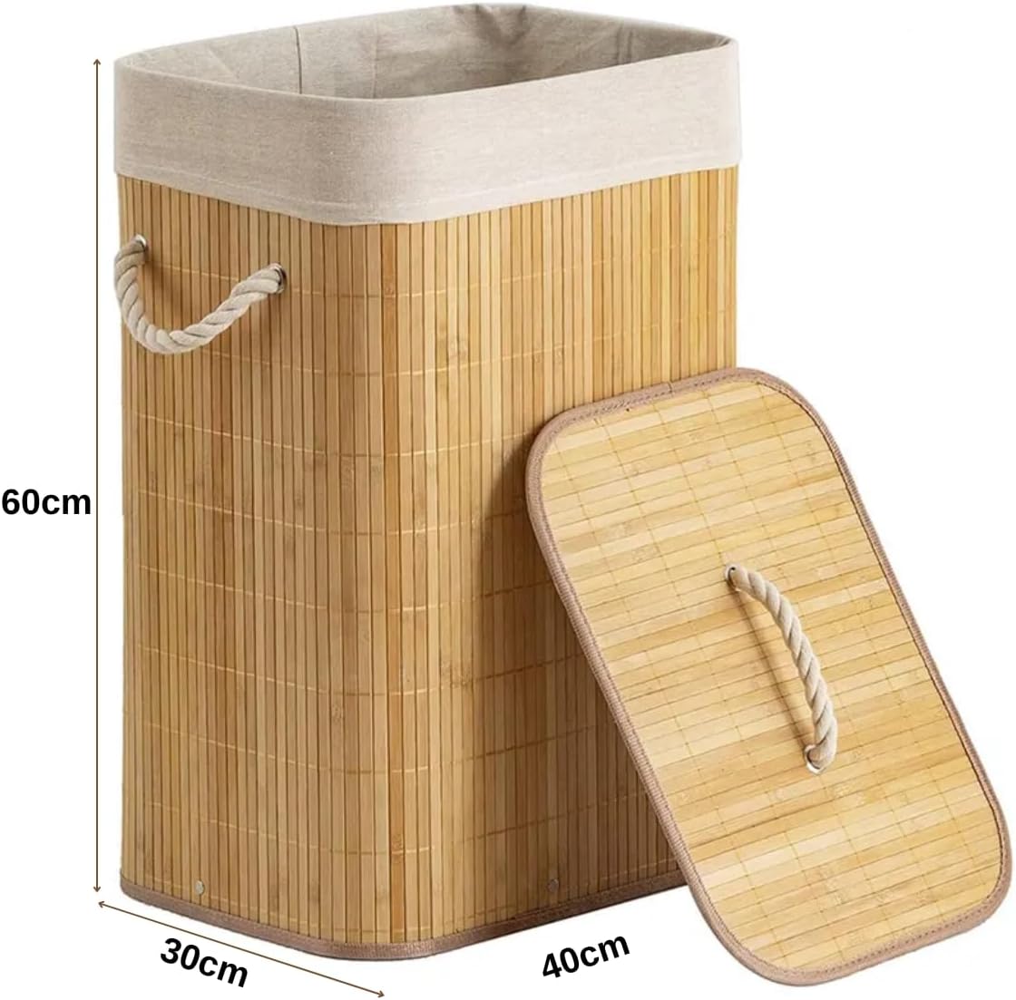 Cesto de Roupa Suja Bambu Dobrável 40x30x60cm Retangular Organizador Premium IZEHOME PRO IZESHOP Cesto de bambu dobrável fácil de montar e guardar com saco branco de algodão