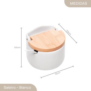 Saleiro de Mesa Cerâmica Branca Tampa de Bambu com Colher 10cm Elegante IZEHOME PRO