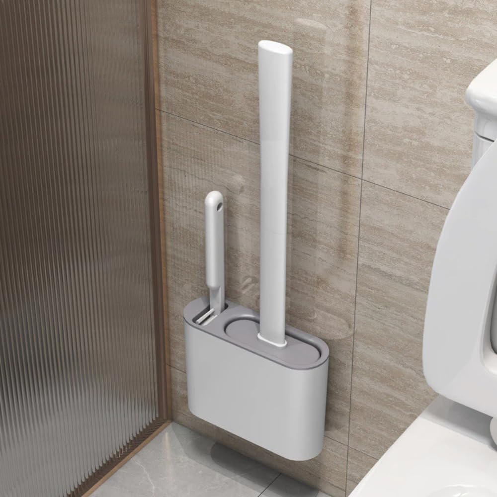 Escova Sanitária de Silicone 2 em 1 com Suporte Adesivo Branco/Preto Compacta Premium IZEWALL PRO IZESHOP Escova sanitária premium IZEWALL PRO branca e preta com base compacta