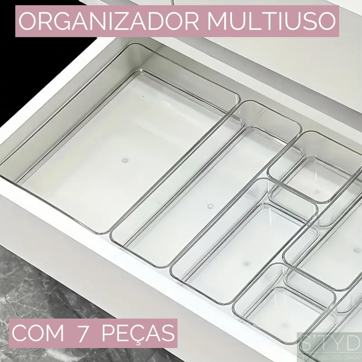 Kit Organizador Modular Gavetas Acrílico Transparente 7 Peças Premium Multiuso IZEBOX PRO IZESHOP Organizador modular de acrílico transparente para gavetas, armários, geladeira e banheiro