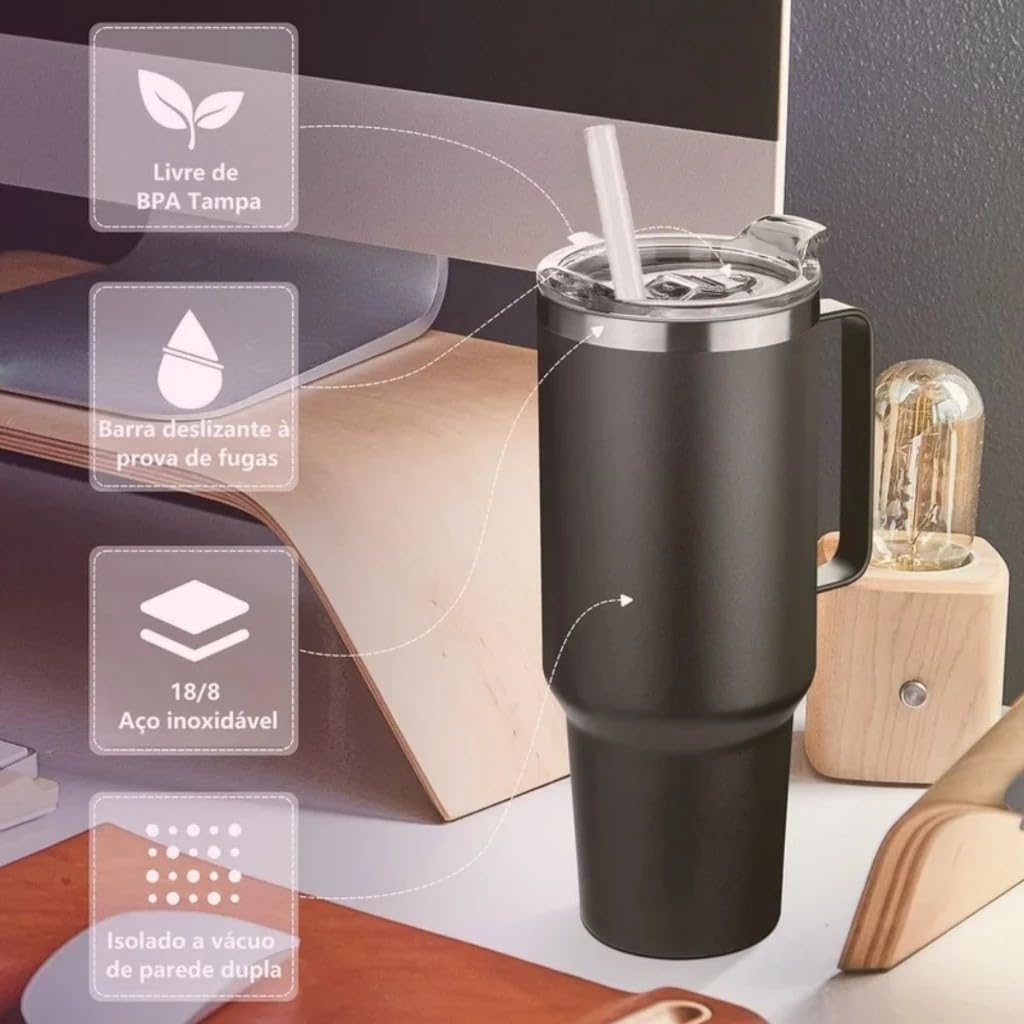 Copo Térmico Inox 1200ml Parede Dupla Tampa com Canudo Anti Vazamento IZECOOL PRO IZESHOP Copo garrafa térmica 1200ml em aço inox para hidratação diária em casa trabalho ou ao ar livre