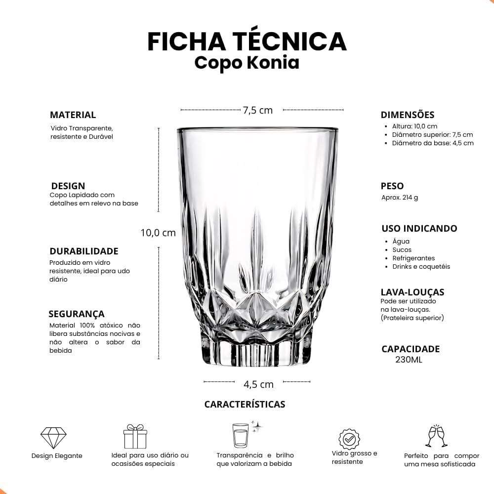 Jogo de Copos de Vidro 230ml 6 Peças Transparente Espesso Elegante Premium IZECRYSTAL PRO