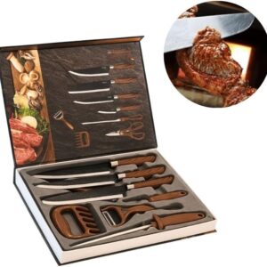 Conjunto Facas Churrasco Inox 8 Peças Profissional Cabo Marrom Afiadas KIT IZECHOP PRO