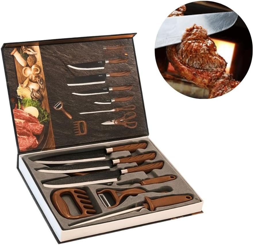 Conjunto Facas Churrasco Inox 8 Peças Profissional Cabo Marrom Afiadas KIT IZECHOP PRO