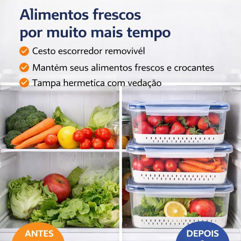 Kit 3 Potes Organizadores Geladeira Herméticos BPA Free Cesto Escorredor 850ml 1750ml 3300ml IZEFRESH PRO