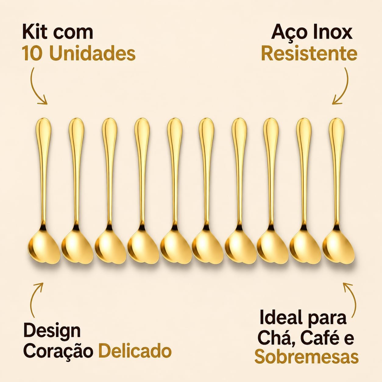 Kit 10 Colheres Douradas Coração Aço Inox 13cm Premium IZEGOLD HEART IZESHOP Colheres douradas premium para servir sobremesas, cappuccino e bebidas especiais com mais charme