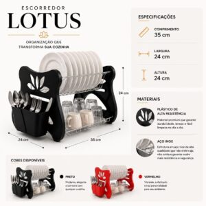 Escorredor de Louça 2 Andares 13 Pratos Cromado Preto Vermelho Porta-Talher IZEHOME PRO