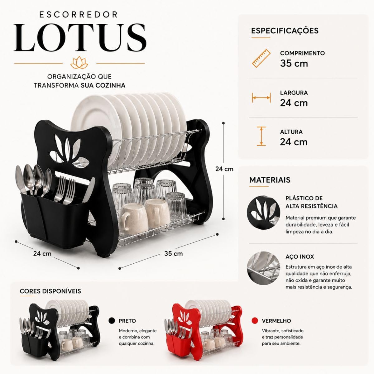 Escorredor de Louça 2 Andares 13 Pratos Cromado Preto Vermelho Porta-Talher IZEHOME PRO