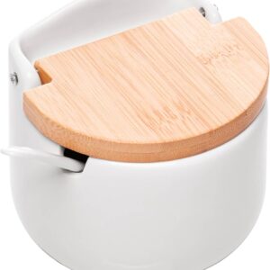 Saleiro de Mesa Cerâmica Branca Tampa de Bambu com Colher 10cm Elegante IZEHOME PRO