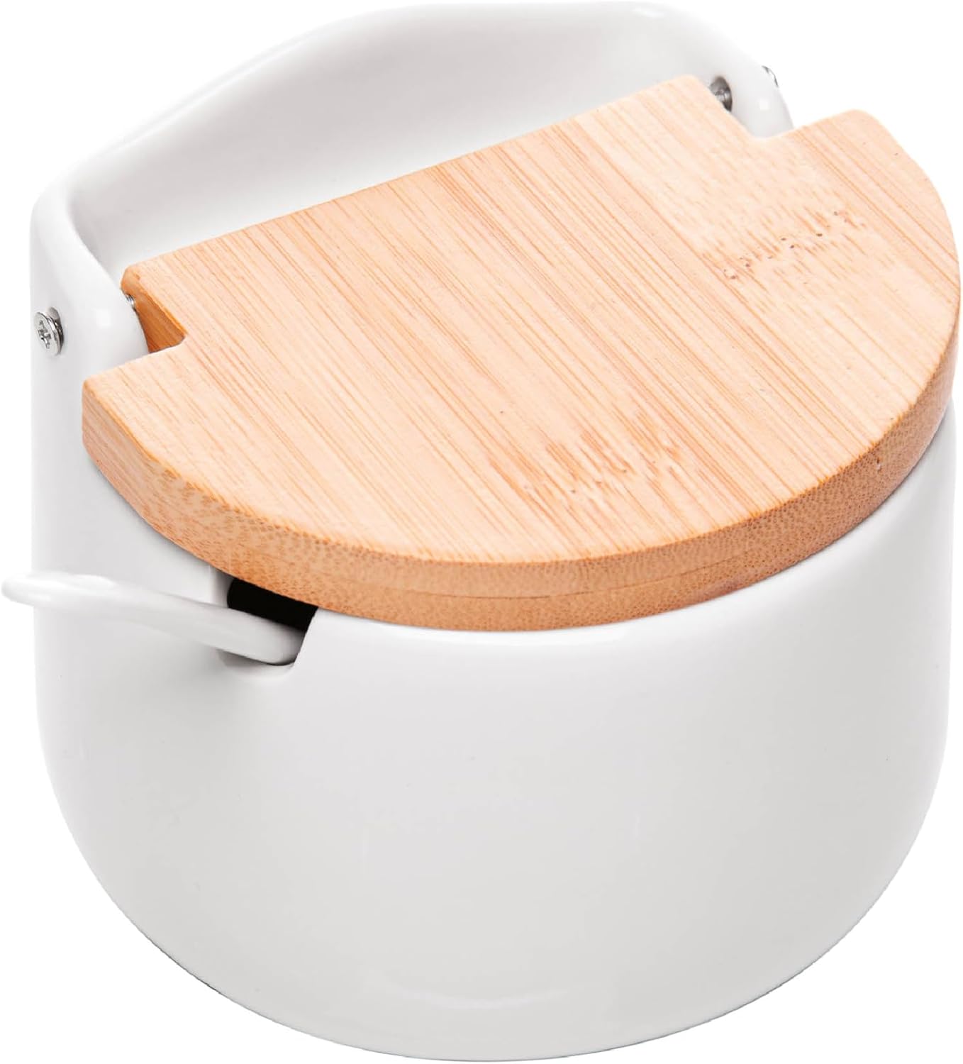Saleiro de Mesa Cerâmica Branca Tampa de Bambu com Colher 10cm Elegante IZEHOME PRO