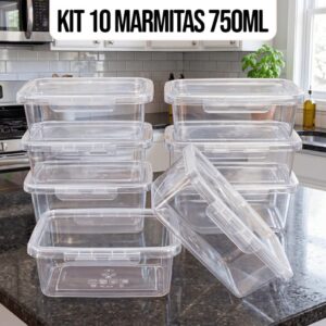 Kit 10 Marmitas 750ml Plástico Transparente BPA Free Duplo Trava Hermética Premium IZELOCK PRO