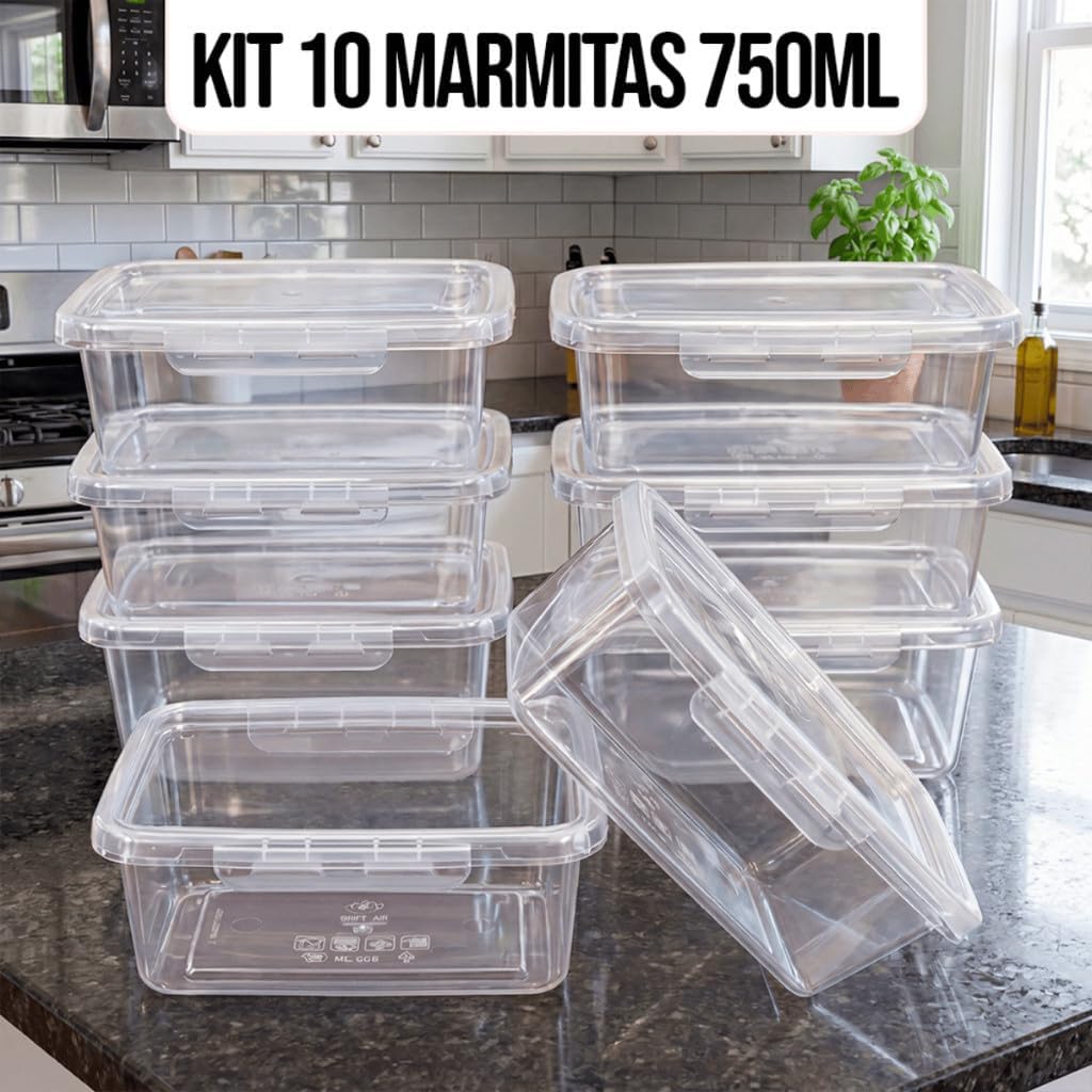 Kit 10 Marmitas 750ml Plástico Transparente BPA Free Duplo Trava Hermética Premium IZELOCK PRO