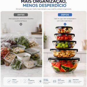 Kit 5 Bowls de Vidro Herméticos Transparentes Tampa Preta 140ml-930ml IZESAFE PRO