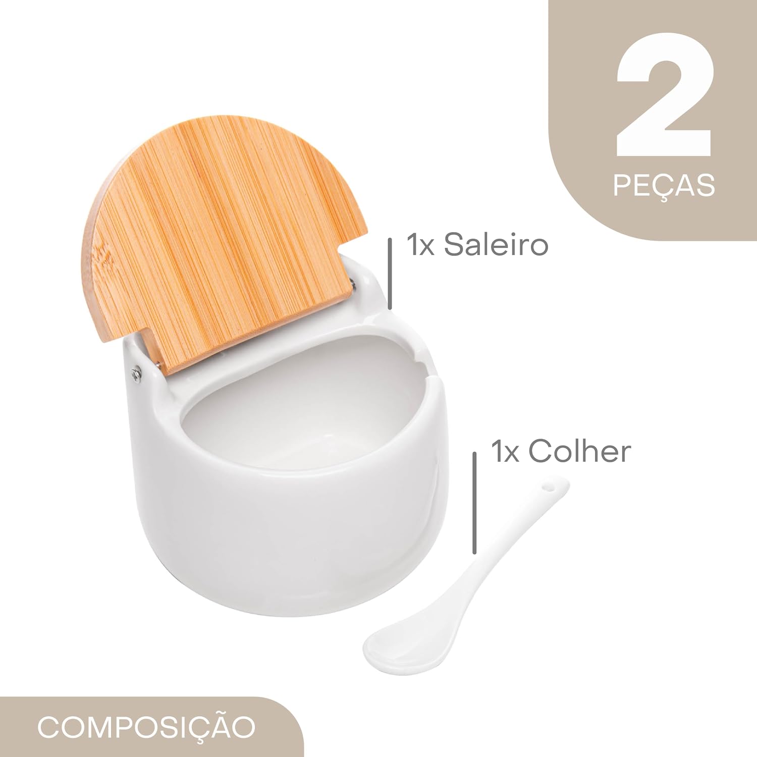 Saleiro de Mesa Cerâmica Branca Tampa de Bambu com Colher 10cm Elegante IZEHOME PRO