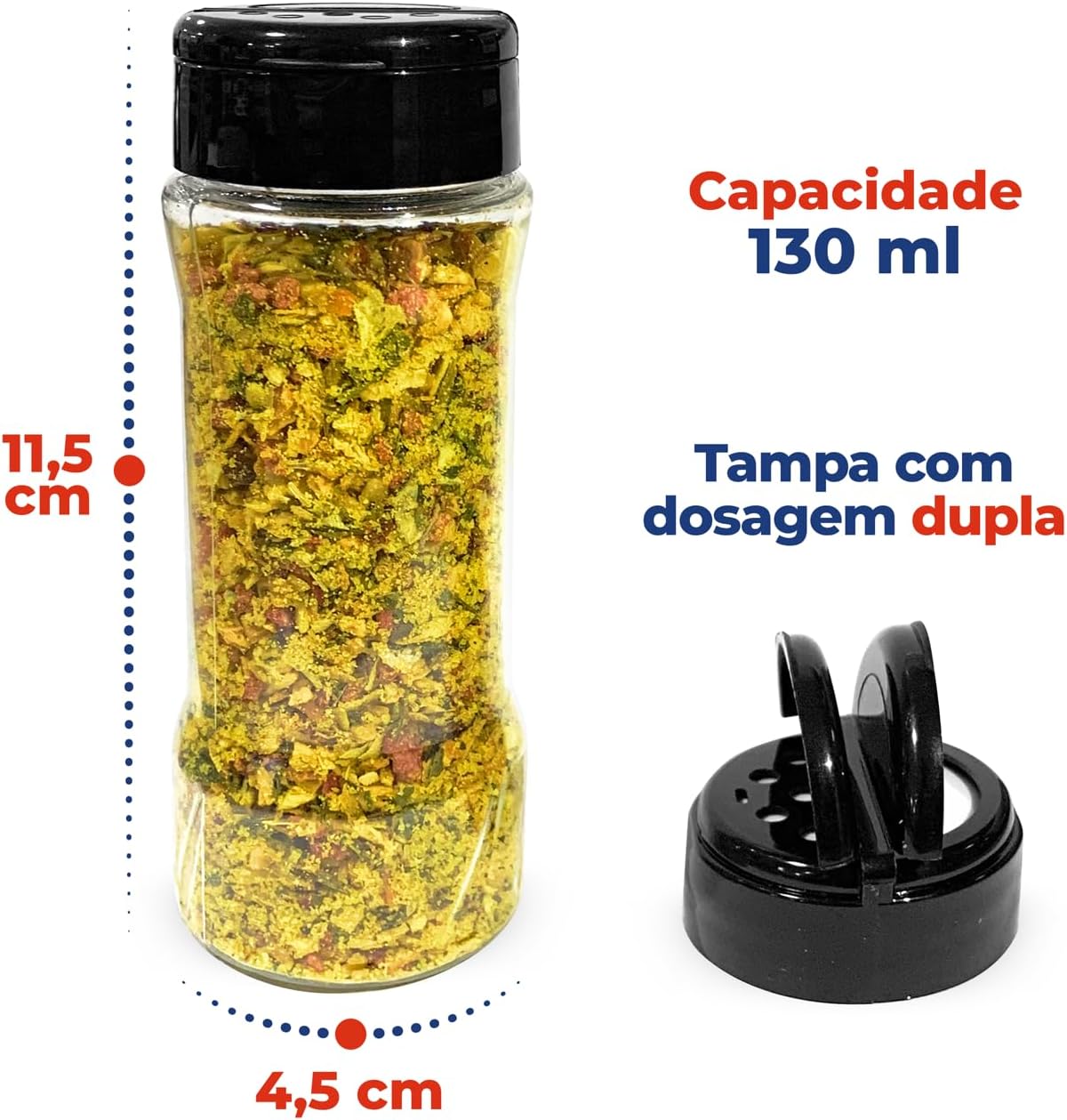 Kit Porta Tempero Redondo MDF 6mm 6 Potes 130ml Tampa Dosadora Dupla IZECHOP PRO IZESHOP Conjunto organizador de temperos com 6 espaços para pote e etiquetas autocolantes