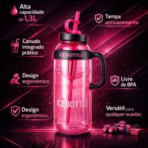 Garrafa Esportiva 1,3L com Canudo Polipropileno BPA Free Tampa Antivazamento Rosa Bebê IZEHYDRA PRO