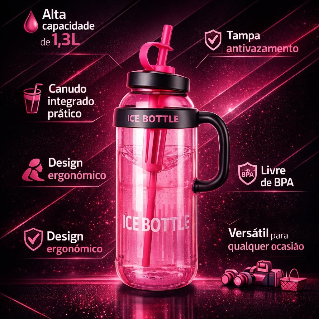 Garrafa Esportiva 1,3L com Canudo Polipropileno BPA Free Tampa Antivazamento Rosa Bebê IZEHYDRA PRO