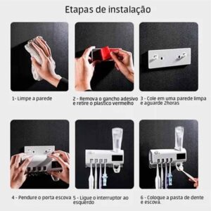 Suporte Escova de Dentes UV Branco 4 Compartimentos Dispenser Pasta Parede Premium IZEHYGIENE PRO