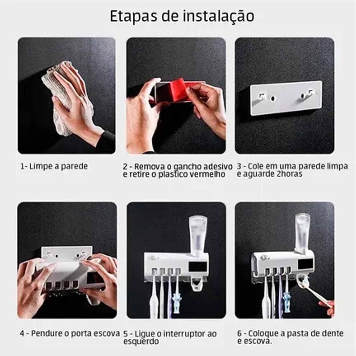Suporte Escova de Dentes UV Branco 4 Compartimentos Dispenser Pasta Parede Premium IZEHYGIENE PRO