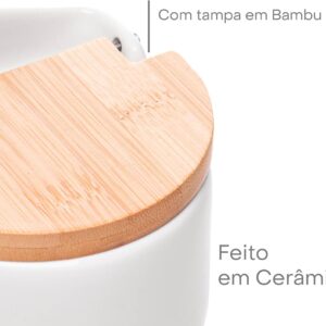 Saleiro de Mesa Cerâmica Branca Tampa de Bambu com Colher 10cm Elegante IZEHOME PRO
