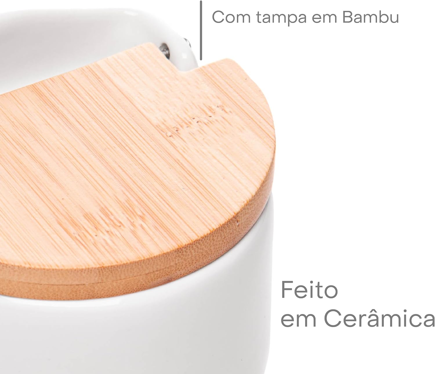 Saleiro de Mesa Cerâmica Branca Tampa de Bambu com Colher 10cm Elegante IZEHOME PRO