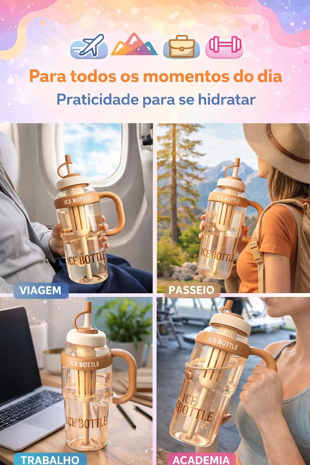 Garrafa Esportiva 1,3L com Canudo Polipropileno BPA Free Tampa Antivazamento Rosa Bebê IZEHYDRA PRO