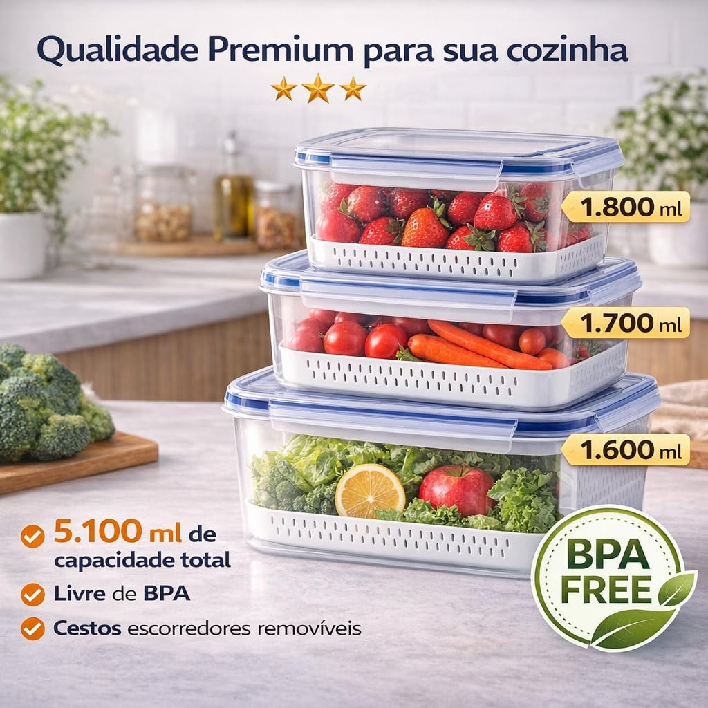 Kit 3 Potes Organizadores Geladeira Herméticos BPA Free Cesto Escorredor 850ml 1750ml 3300ml IZEFRESH PRO