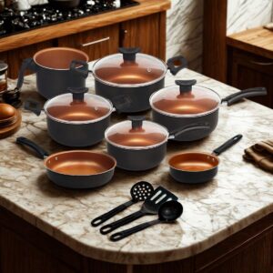 Jogo de Panela 9 Peças Antiaderente Teflon Cobre com Tampa de Vidro Premium IZECHEF PRO Jogo de Panela 9 Peças Antiaderente Teflon Cobre com Tampa de Vidro Premium IZECHEF PRO